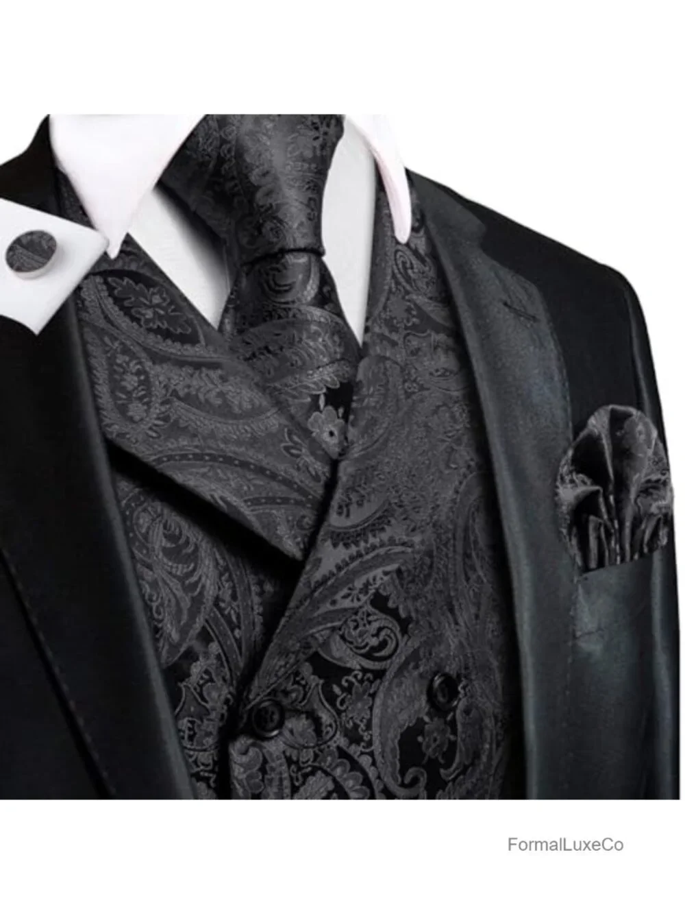 Men's Double Breasted Paisley Formal Vest & Tie Set 6 Pieces Wedding Party